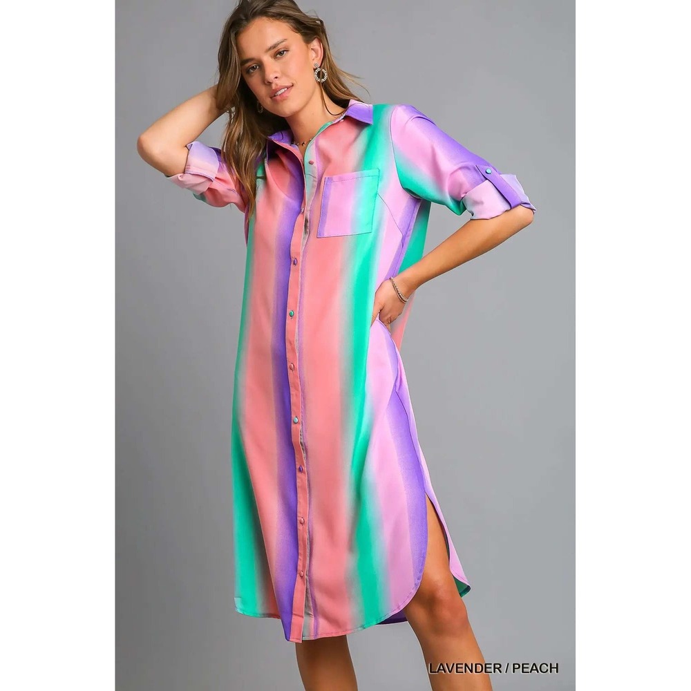 Lavender Peach Ombre Striped Button Down Shirt Dress‎ Roll Tab Sleeve High Low